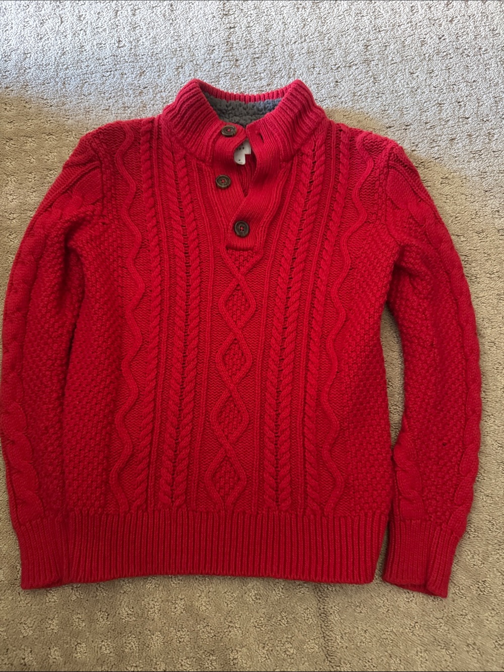 Kids Red Cable-Knit Button Mock Neck Sweater
